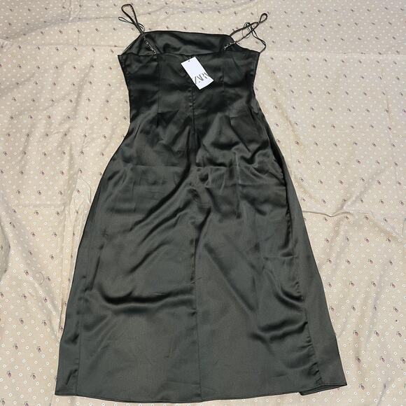 ZARA Dress Womens XL Black Satin Slip Midi Embellished Strap Slit 8484/899/505 - Picture 3 of 6